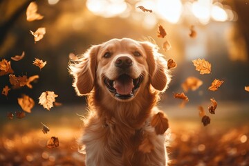 Poster - Golden Retriever dog playing in autumn leaves at the park leaf retriever golden.