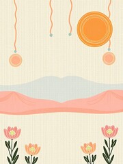 Wall Mural - Abstract illustration of a landscape with flowers, mountains, and a sun.