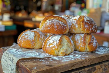 Wall Mural - Freshly Baked Bread Loaves Displayed on a Wooden Counter