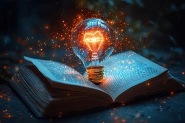 luminous innovation glowing lightbulb floating above open book radiating ideas vibrant colors soft bokeh background concept of creativity and knowledge