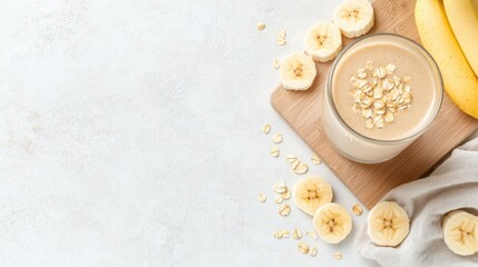 Glass of creamy banana smoothie with oats, served on a wooden board, with fresh banana slices in the background. Healthy breakfast concept.