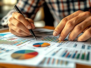Poster - Close-up of a hand analyzing a financial report with graphs and a pie chart.