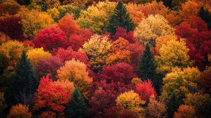 Wall Mural - A vibrant forest with red, orange, and yellow leaves. Perfect for illustrating autumn themes, nature, and the beauty of changing seasons.