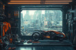 © Kitta Studio - A futuristic hover bike in garage with tools and city view