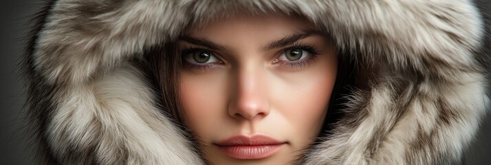 Wall Mural - A woman wearing a fur hat and coat. She has a beautiful face and is looking at the camera