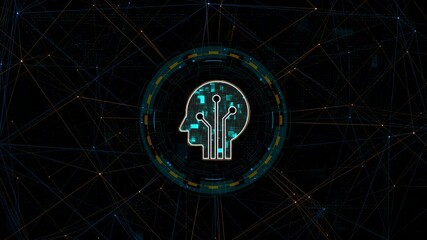 Fototapete - Motion graphic of Blue digital Robot head logo with circle futuristic HUD elements and orange line connection with artificial intelligence and robot assistant machine learning on abstract background