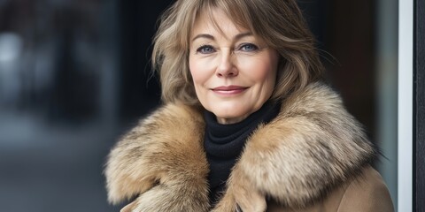 a woman wearing a fur coat and a scarf. she is smiling and looking at the camera. concept of warmth 