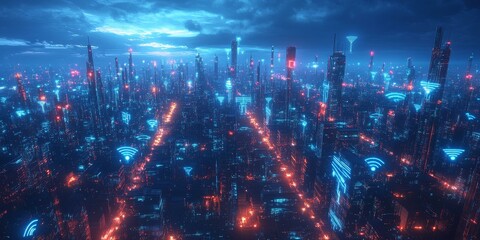 Wall Mural - Cyberpunk cityscape with glowing wifi symbols.