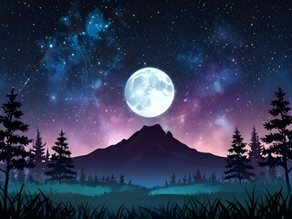 Sticker - Night Sky with Full Moon and Silhouetted Mountain