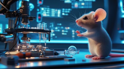 Poster - A genius mouse actively working in a high-tech research laboratory, operating complex instruments with precision and intellect.