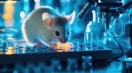 Poster - A genius mouse actively working in a high-tech research laboratory, operating complex instruments with precision and intellect.