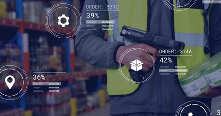 Poster - Animation of icons and data processing over caucasian man working in warehouse