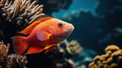 A fish with orange scales and white spots swims in a coral reef