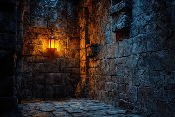 A medieval dungeon background with stone walls and glowing lantern creates mysterious atmosphere