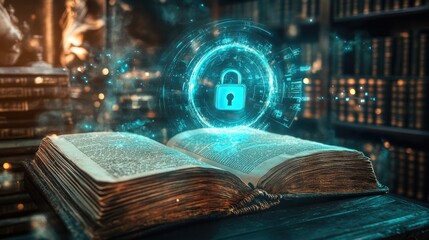 Poster - A glowing digital lock hovers over an ancient manuscript, symbolizing the fusion of cybersecurity and historical preservation in a futuristic setting.