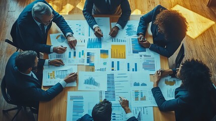 Poster - Diverse business team reviewing financial charts and graphs during a meeting.