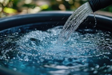 Water pouring into a container. This image is perfect for illustrating water conservation, hydration, or the natural cycle of water.