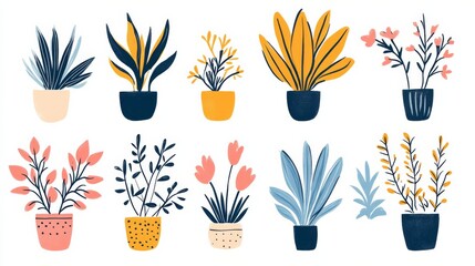 Poster - Set of Isolated Naive Cutout Plants in Modern Minimalist Style. Hand-Drawn Colorful Flat Vector Illustrations for Interior Design on Minimalist Cards.