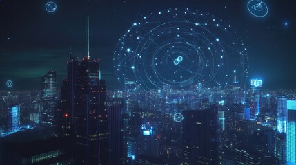 Poster - Futuristic Cityscape with Connected Network
