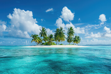 Wall Mural - A picturesque view of paradise island with sandy beach and palm trees