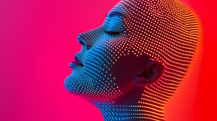 Wall Mural - a woman's face is shown in a computer generated image with a red background. the image is abstract a