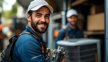 Wall Mural - “Photograph of Two Smiling Electricians in Blue Work Uniforms, Showcasing Teamwork and Professionalism in a Safe and Productive Work Environment with High-Quality Electrical Equipment”
