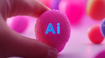 Leinwandbilder - A hand holding a pink ball with blue letters that say AI. Concept of playfulness and creativity, as the hand is holding the ball in a playful manner