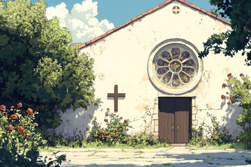 Wall Mural - A serene illustration of Catholic churchs exterior with beautiful details