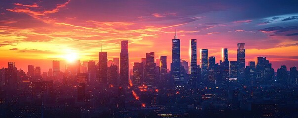 Wall Mural - A silhouette of a city skyline at dusk, with tall buildings and a glowing horizon behind them