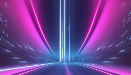 Wall Mural - neon empty stage lamps, pink and purple light, dark corridor, futuristic dark neon portal.