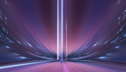 Wall Mural - Neon empty stage lamps, pink and purple light, dark corridor, futuristic dark neon portal.