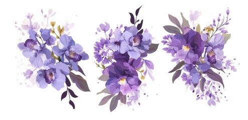 Wall Mural - Set of Three Minimalistic Vector Illustrations Featuring Purple Flowers on White Background. Elegant and Simple Floral Designs for Modern Decor and Digital Use.