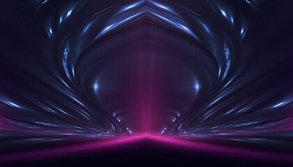 Wall Mural - neon empty stage lamps, pink and purple light, dark corridor, futuristic dark neon portal.