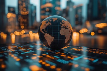 Poster - Illuminated Globe on a Data Screen in a City Setting.