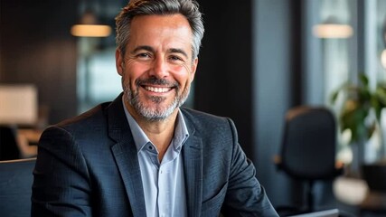 Canvas Print -  a smiling businessman sitting at a desk with a laptop and smiling at the camera in a modern office ,generative ai