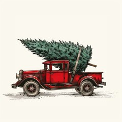 Canvas Print - Vintage truck carrying Christmas tree