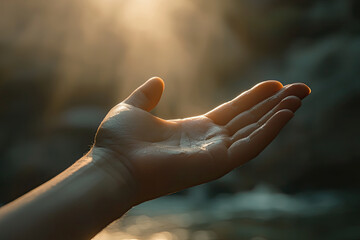 Wall Mural - A serene scene of hand reaching out, illuminated by soft light, evokes sense of guidance and hope