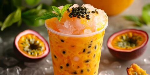 Canvas Print - Passion fruit juice with ice and fresh fruit.