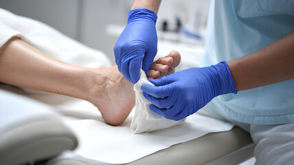 A nurse wearing blue gloves doing bandage on a wound on a person's foot