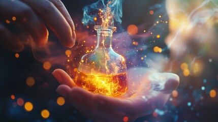Poster - a person holds a glowing potion in their hands, surrounded by mystical smoke and vibrant sparks in a
