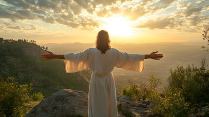 Jesus standing on the mountain with his arms outstretched, back to camera, arms open wide in a beautiful sunrise