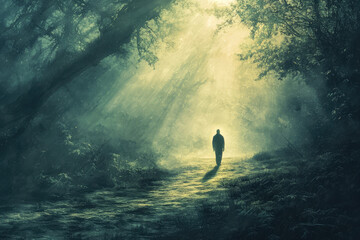 Poster - A serene scene of Gods presence in persons life, illuminated by soft light