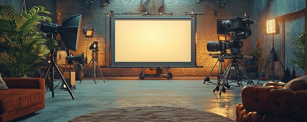 Creative studio with modern film equipment, showcasing a blank screen and vibrant decor for artistic video production.