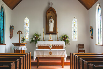 Wall Mural - A serene interior of Catholic church featuring an altar and stained glass