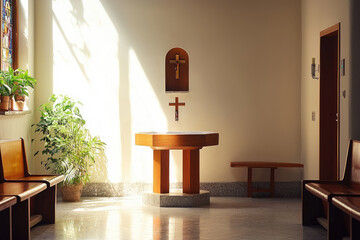 A serene interior of Catholic church with natural light illuminating space