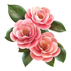 Wall Mural - Beautiful pink camellia flowers with lush green leaves, perfect for enhancing any floral design or artwork.