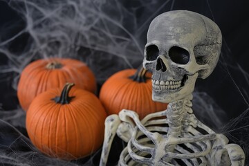 A skeleton is standing in front of two pumpkins and a spider web. Scene is spooky and eerie