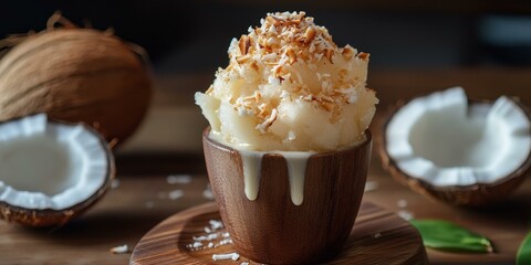 Canvas Print - Coconut ice cream with coconut flakes and almonds in a