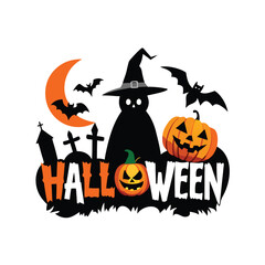 Wall Mural - Halloween Mascot Logo Spooky Graveyard with Ghost and Bat Silhouette