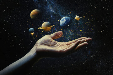 Poster - A hand reaching out to universe, showcasing planets and stars